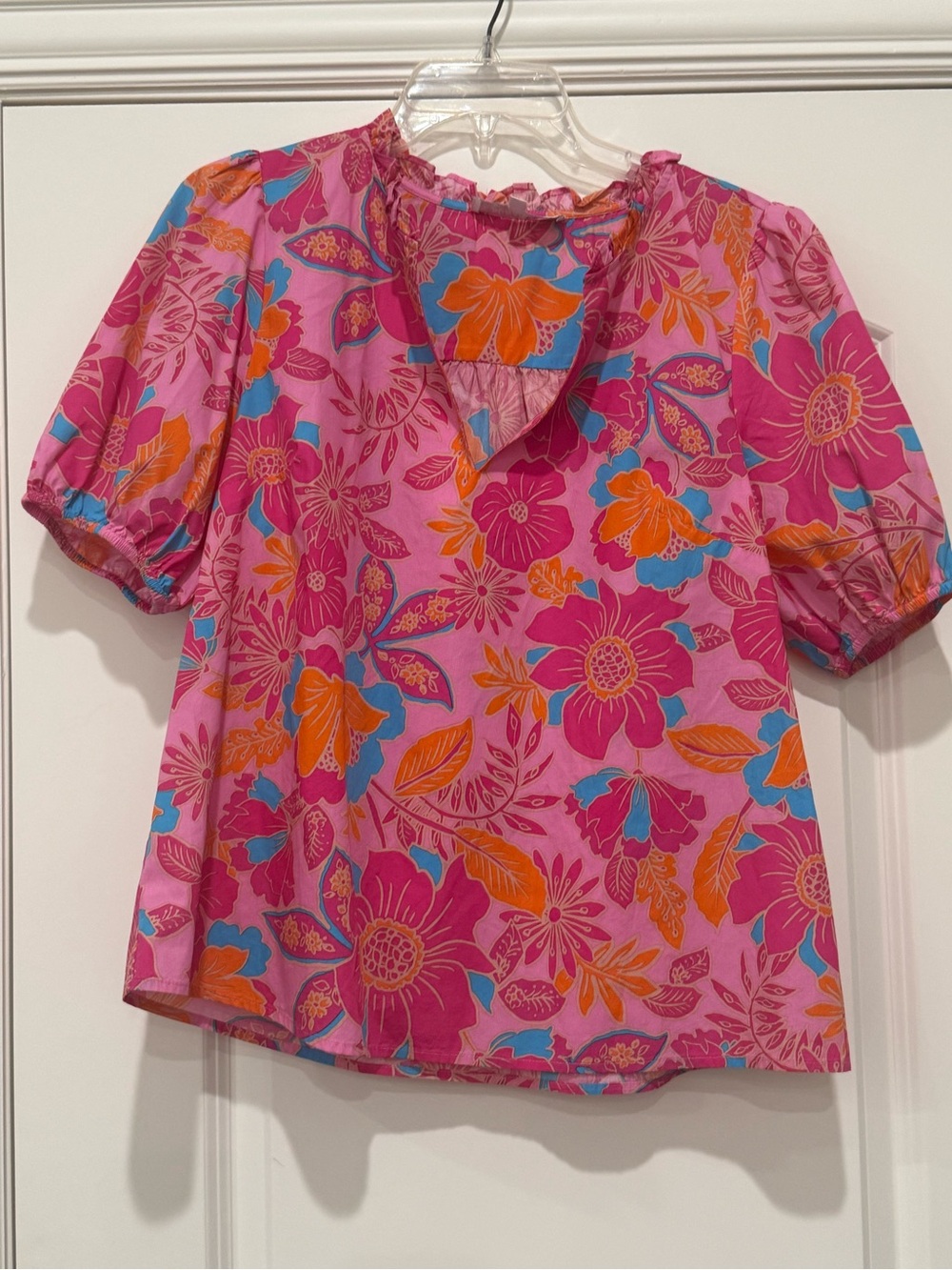 Sugarlips Pink Floral Ruffle V-Neck Puff Sleeve Blouse